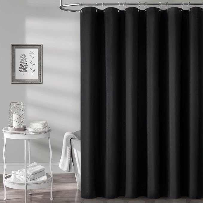 BTTN Fabric Shower Curtain, Linen Textured Heavy Duty Polyester Cloth Shower Curtain Set with Plastic Hooks, Black, 48x72