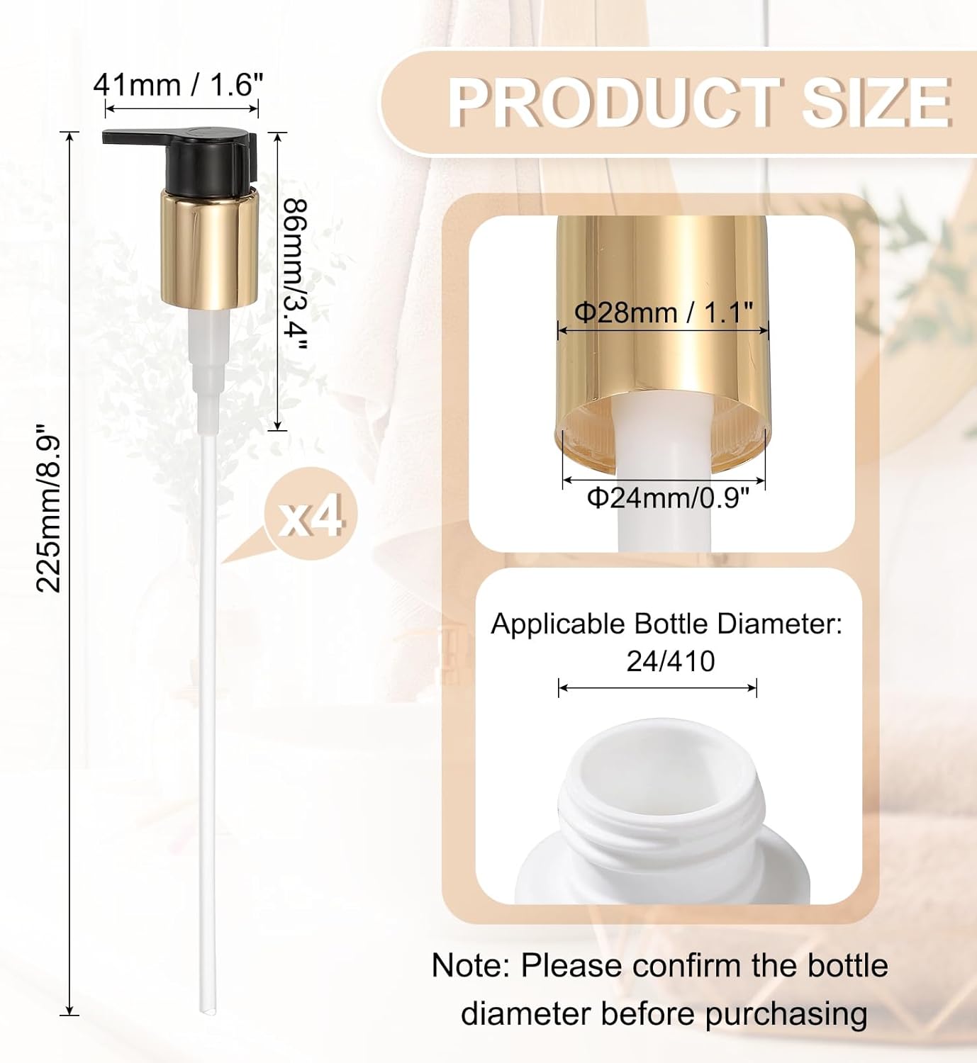 uxcell 4 Pcs Soap Dispenser Pump Heads, Hand Soap Dispensers Top Pumps Replacement Clip-on Pumphead for Standard 24/410 Neck Size Bathroom Lotion Shampoo Bottle, Gold Black