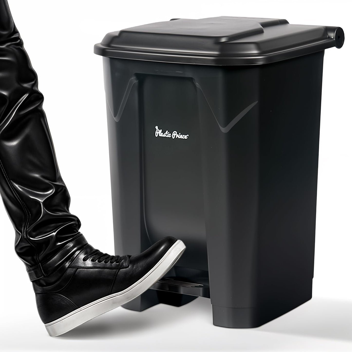 14 Gallon Step-On Trash Can/Container, Black Plastic Dustbin with Lid and Foot Pedal, Hands-Free Disposal