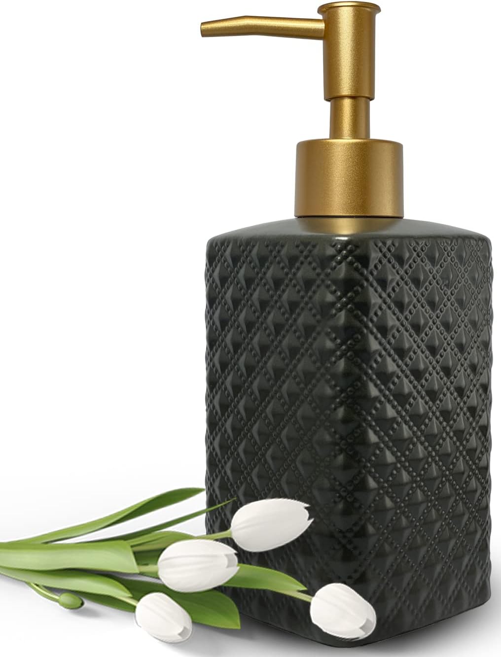 Gold Soap Dispenser for Bathroom,Black Square Lotion Dispenser, Refillable Countertop Ceramic Hand Soap Dispenser,Dish Soap Dispenser for Kitchen 350ml(Black Square Bottle)