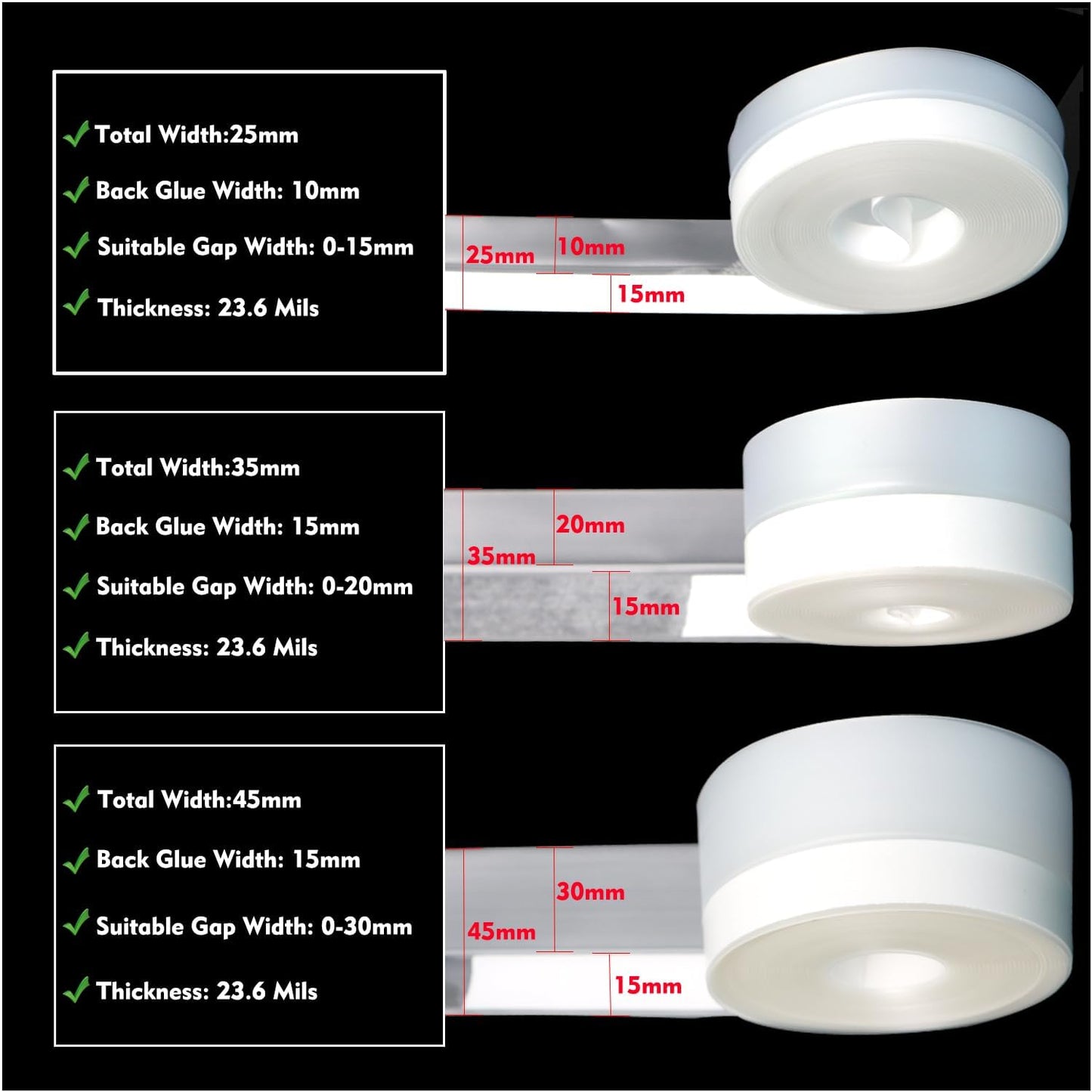 Silicone Seal Weather Stripping Tape 16.5 Feet Strip Bottom Draft Insulation Stopper Tape Weatherproof Soundproof for Door or Window Bathroom Shower Glass Gaps（45mm*5m）