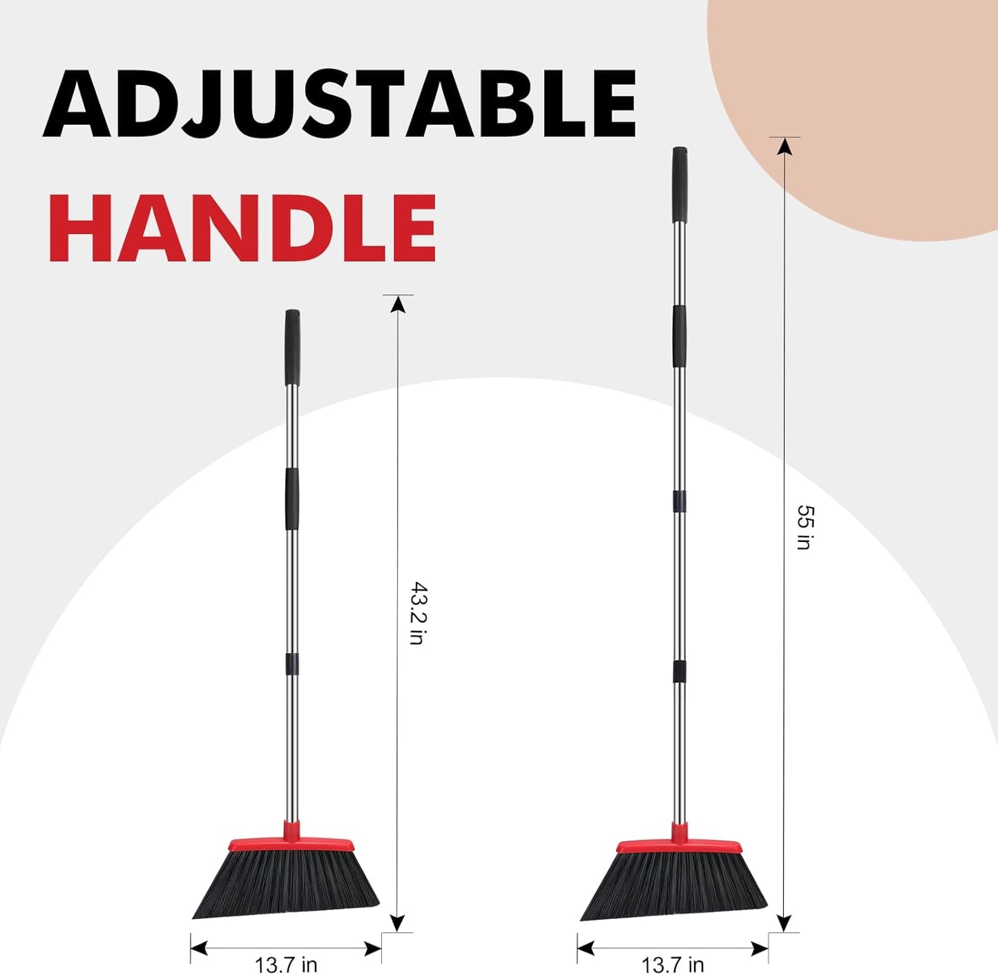 Heavy Duty Broom, 55 Inch Long Handle Outdoor Large Angle Brooms with Holder, Commercial Broom for Sweeping Indoor, for Home Garage Kitchen Office Courtyard Lobby Patio Lawn Concrete, Black Red