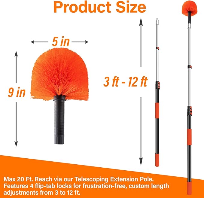 20FT Cobweb Duster with Extension Pole - High Reach Duster for High Ceilings & Outdoor Use - Telescoping Pole 3-12 Ft, Soft Bristles Cobweb Cleaner - 3/4" Acme Universal Thread