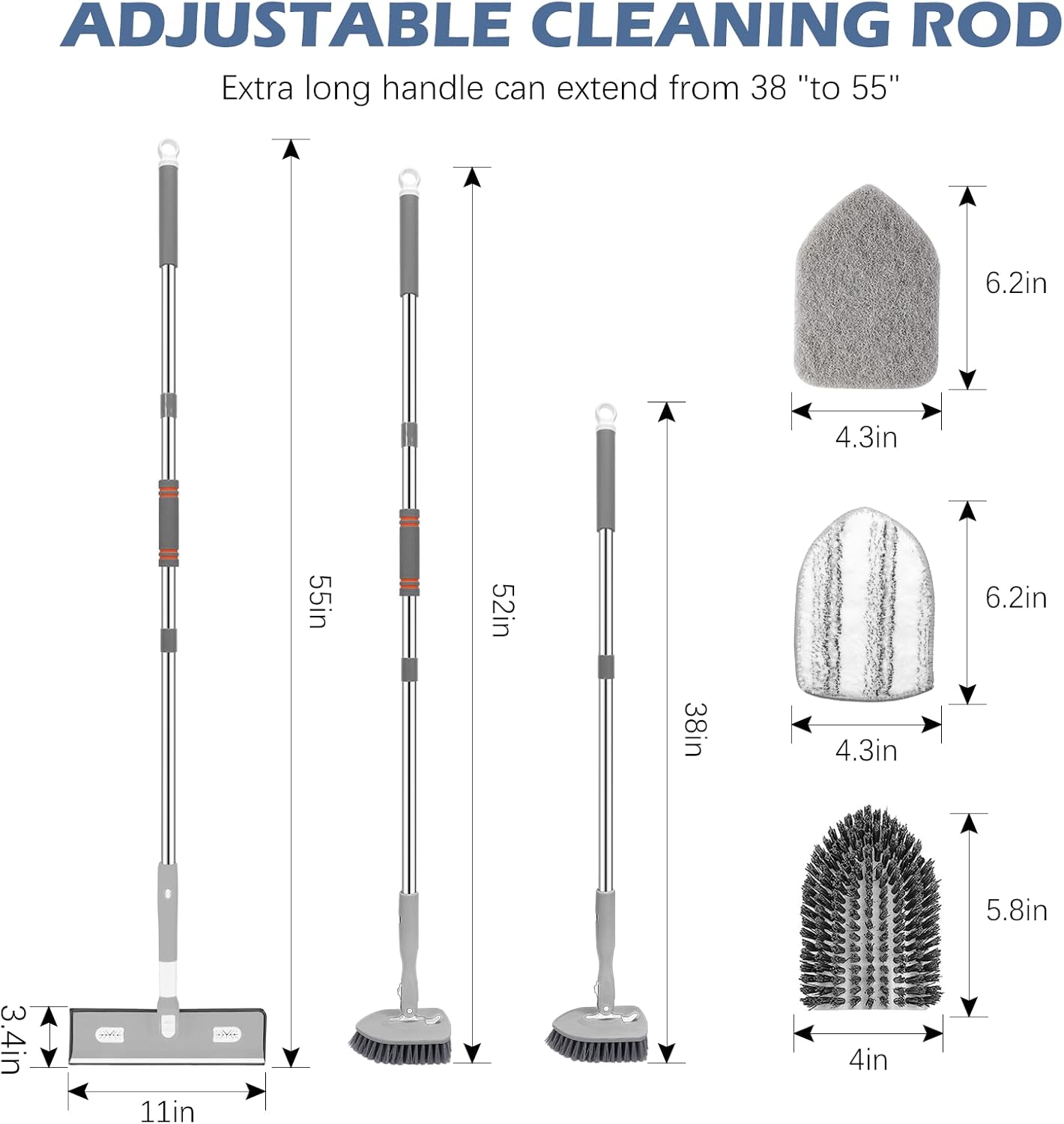 SetSail 4-in-1 Tile Tub Floor Scrubber with 52-inch Adjustable Long Handle Shower Cleaner Brush with Window Scrubber and 3 Replacement Brush Heads for Bathroom Kitchen Walls Tub Tile Sink, Grey