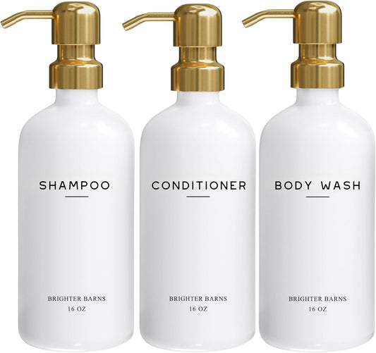 Luxury Shampoo and Conditioner Dispenser Set by Brighter Barns - Shower Soap Dispenser - Shampoo Conditioner Body Wash Dispenser & Pump - White and Gold Bathroom Accessories in Spa, Hotel, Gift (Gold)