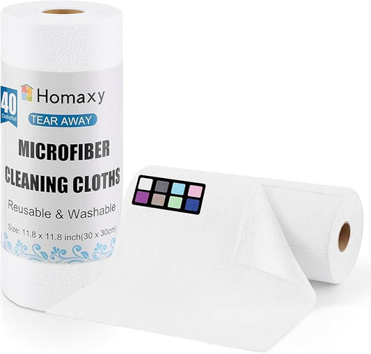 Homaxy Tear Away Dish Cloths Rolls, 40 Sheets-11.8" X 11.8", Reusable Washable Dish Towels for Kitchen, Ultra Absorbent and Quick Drying Microfiber Cleaning Rags, White