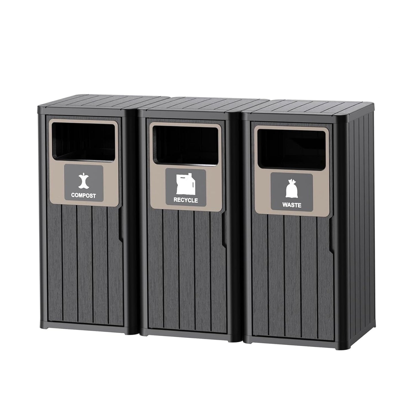 Outdoor Three Barrel Trash Can,Waterproof Resin Garbage Can with Garbage Labels,Durable Waste Bin for Porch, Backyard,Kitchen,for 30 to 39 Gallon Trash Bags