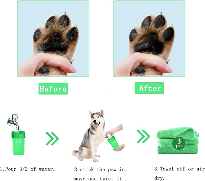 Dog Paw Cleaner & Washer for Large/Extra Large Breeds - Muddy Paws Easy Cleaning Cup for Big Dogs - Includes 3 Absorbent Towels(Green)