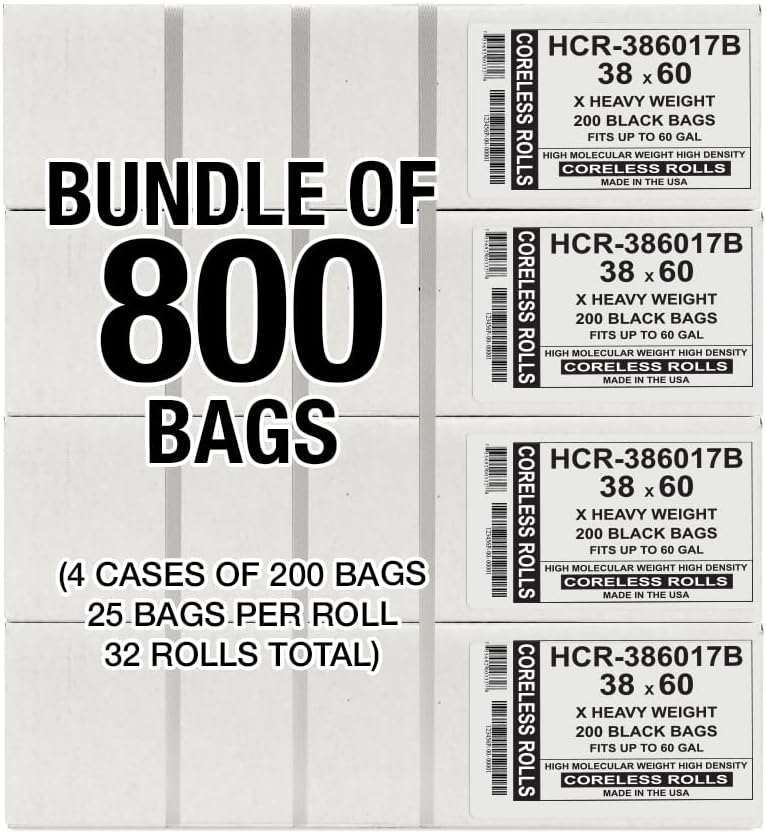 Aluf Plastics High Density Trash Bags, 60 Gallon, 800 Count, 17 Micron (eq), 38" x 60", Black, for Bathroom, Office, Industrial, Commercial, Janitorial, Municipal, Recycling