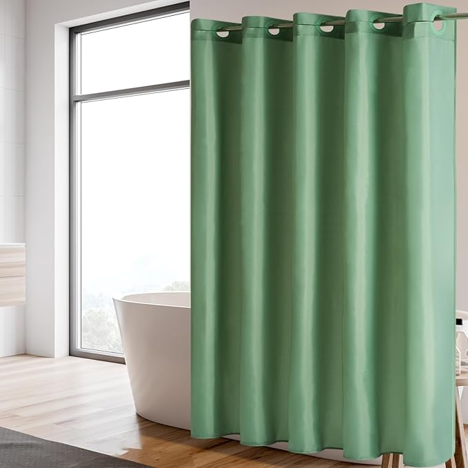 Furlinic Grey Green Shower Curtain No Hooks Needed,Soft Fabirc Bathroom Curtain with 8 Plastic Built-in Grommets,Modern Luxury Hotel Style,Waterproof & Washable,60x72 Inch.