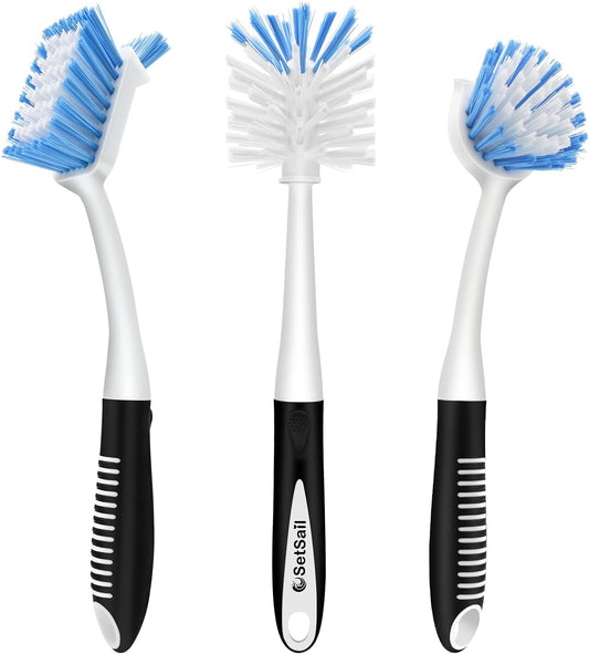 SetSail Dish Brush Set of 3 with Bottle Brush, Dish Scrub Brush with Long Handle Deep Cleaning Handle Brush with Scraper Tip for Kitchen Sink Dishes Bottle Cup Pot and Pans Tile Lines, Black Blue