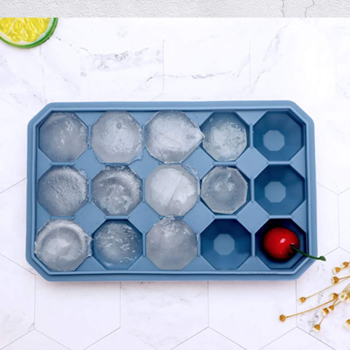 Ice Cube Trays with Silicone Lid, 15 Grid Diamond Shaped Ice Tray Easy Release Stackable Ice Cube Mold, 2 Pack (Grey Blue+Green)