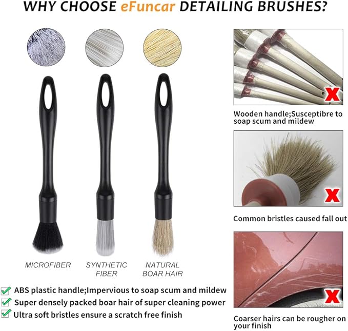 Car Detailing Brush Kit - 3 Pack, Auto Boar Hair Detail Brush Set Automotive Interior Exterior No Scratch Microfiber Detailing Brushes for Cleaning Air Vents, Engine Bays, Dashboard & Wheels
