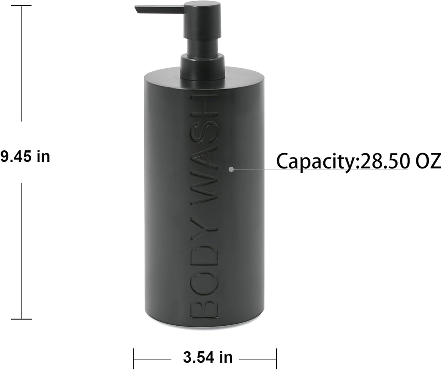 Matte Black Body Wash Dispenser Luxurious Refillable Pump Bottle with Embossed Text, Durable Construction for Bathroom and Shower