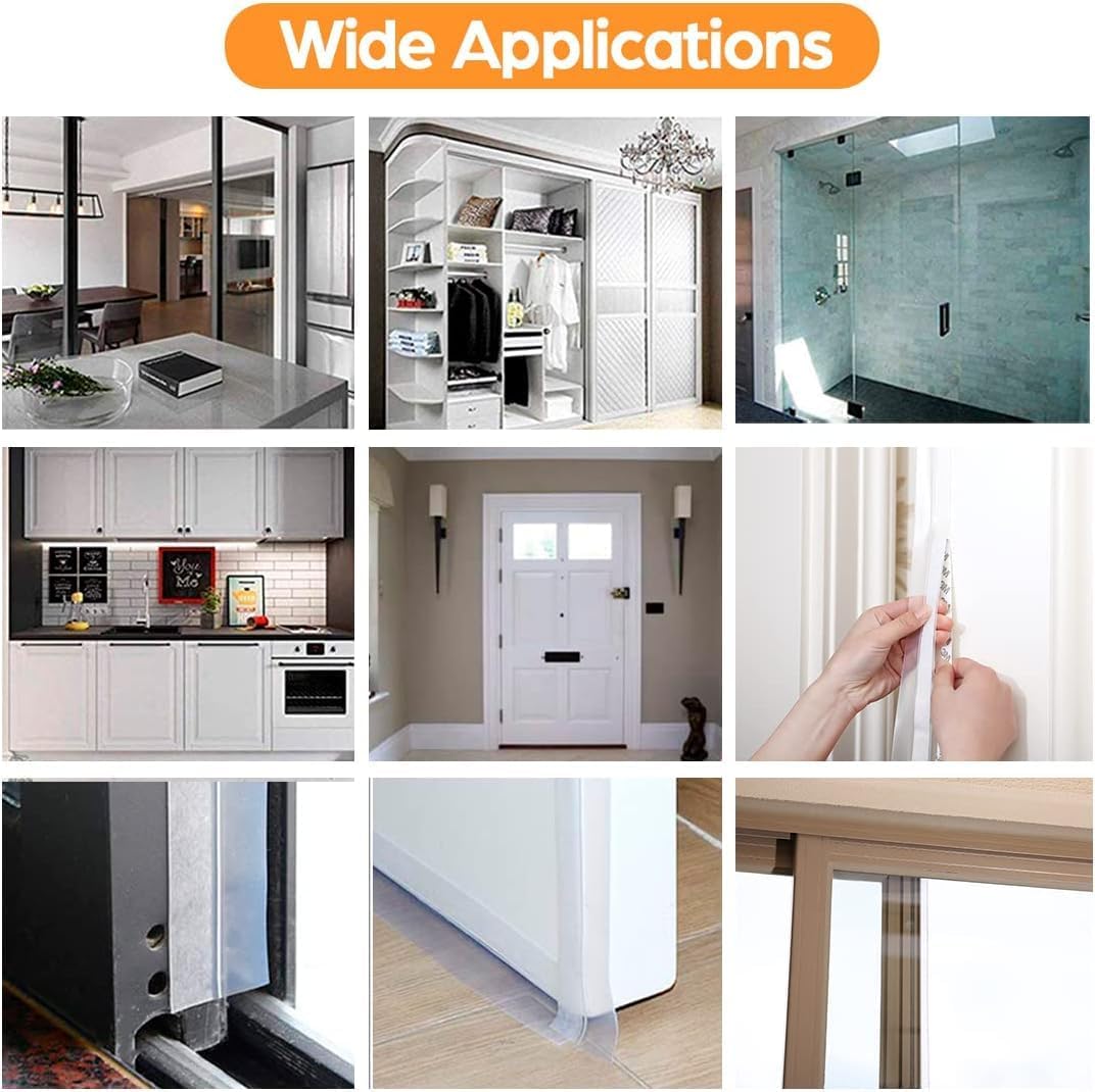 36 Ft Door Weather Stripping Door Seal Strip Tape,Silicone Door Draft Stopper,Self Adhesive Shower Door Bottom Seal and Door Insulation Strip for Door Frame Windows and Glass Gaps (Transparent, 25mm)