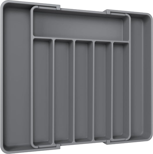 Aujen Silverware Organizer - Expandable Kitchen Drawer Organizer, Adjustable Utensil Organizer, Cutlery Tray for Forks, Knives, Multipurpose Kitchen Organizers and Storage Solution, Grey, Large