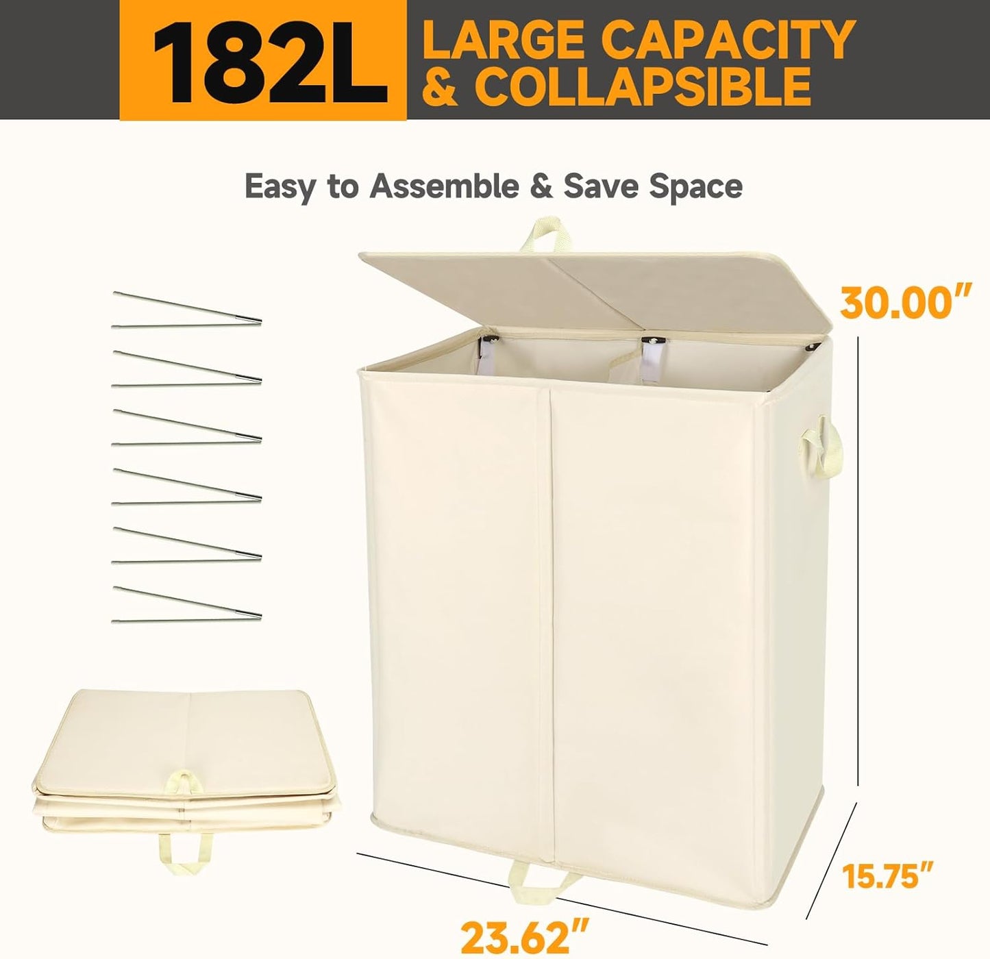 182L Oversized Laundry Hamper 2 Section with Lid and Removable Bags,Double Laundry Basket 30in Dirty Clothes Hamper 2 Dividers for Bedroom,Laundry Room,Bathroom,Dorm Beige White