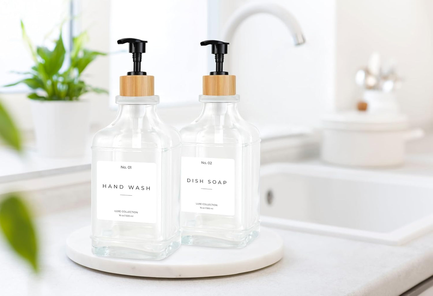 Emerson Essentials Soap Dispenser, Dish Soap Dispenser, Soap Bottle Bathroom Set, Farmhouse, Kitchen Soap Dispenser Set Stainless Steel - Glass Soap Dispenser with Pump and Labels, 16 Oz, 2 Pack