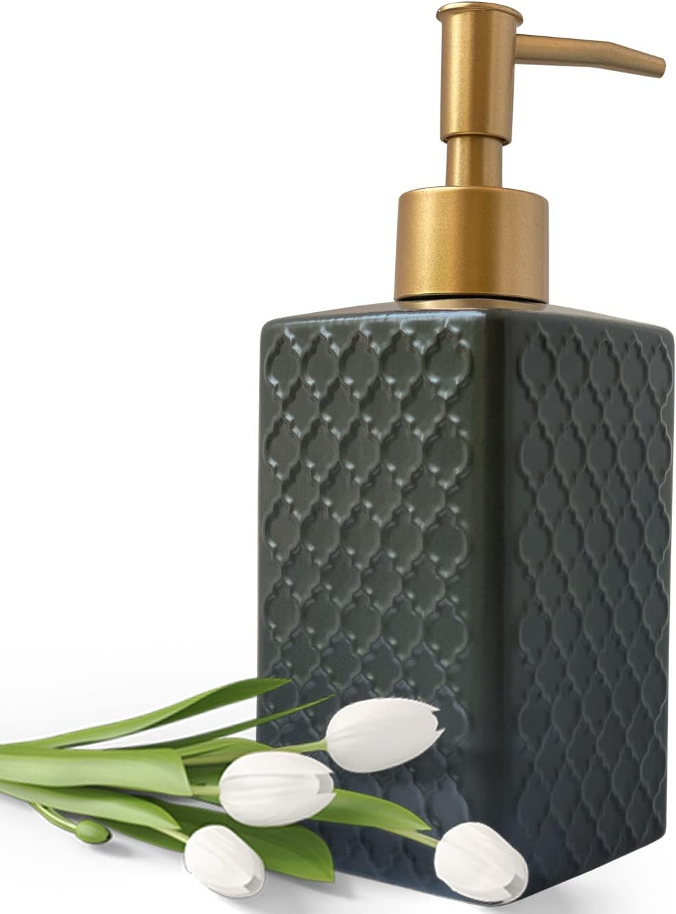 Gold Soap Dispenser for Bathroom,Retro Black Square Lotion Dispenser, Refillable Countertop Ceramic Hand Soap Dispenser,Dish Soap Dispenser for Kitchen 350ml