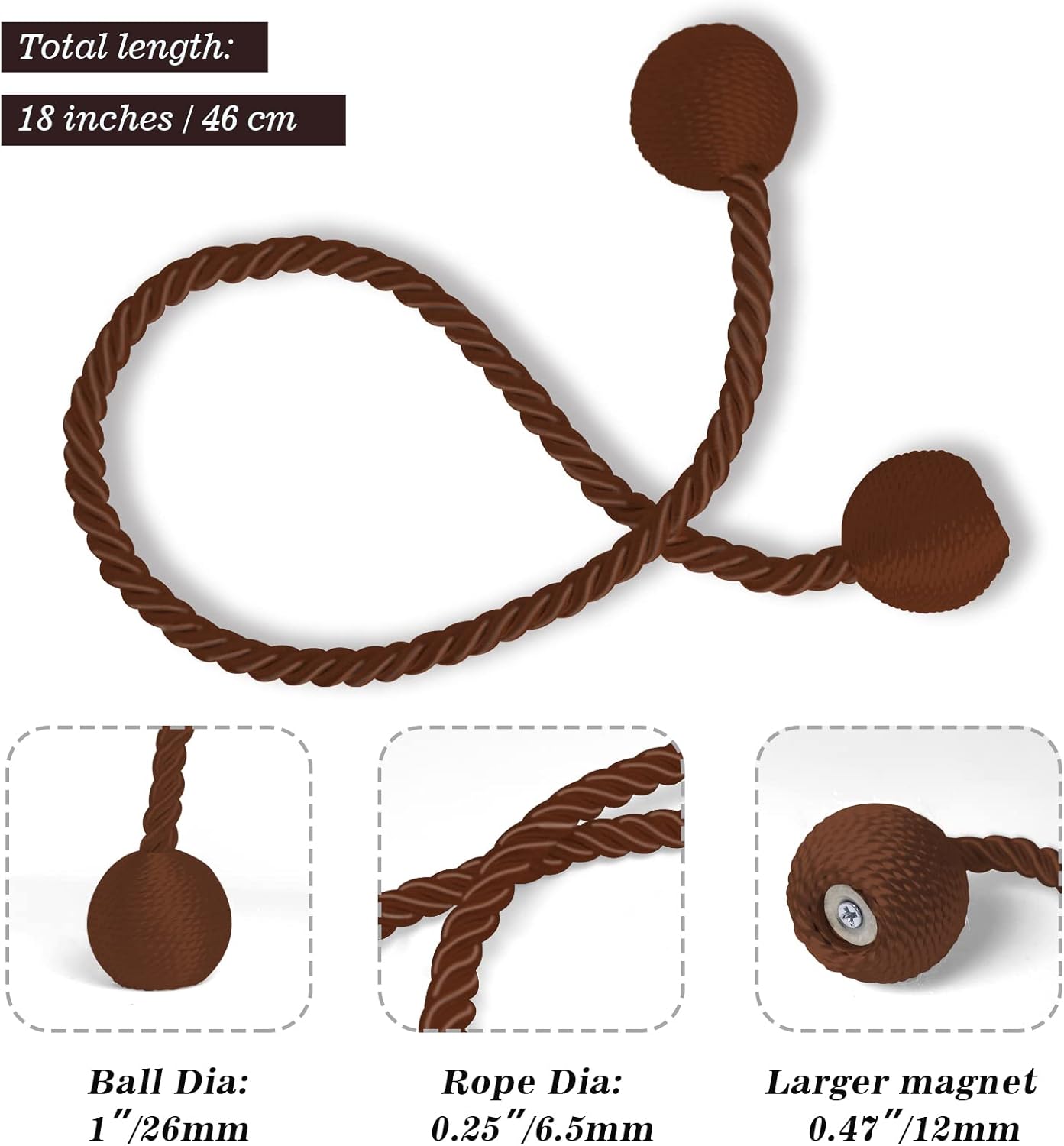 Hion Magnetic Curtain Tiebacks Dark Brown 6 Pack, Curtain Tiebacks Buckles Holdbacks Holders Hooks Clip for Home Bedroom Office Decorative Thick or Thin Curtain
