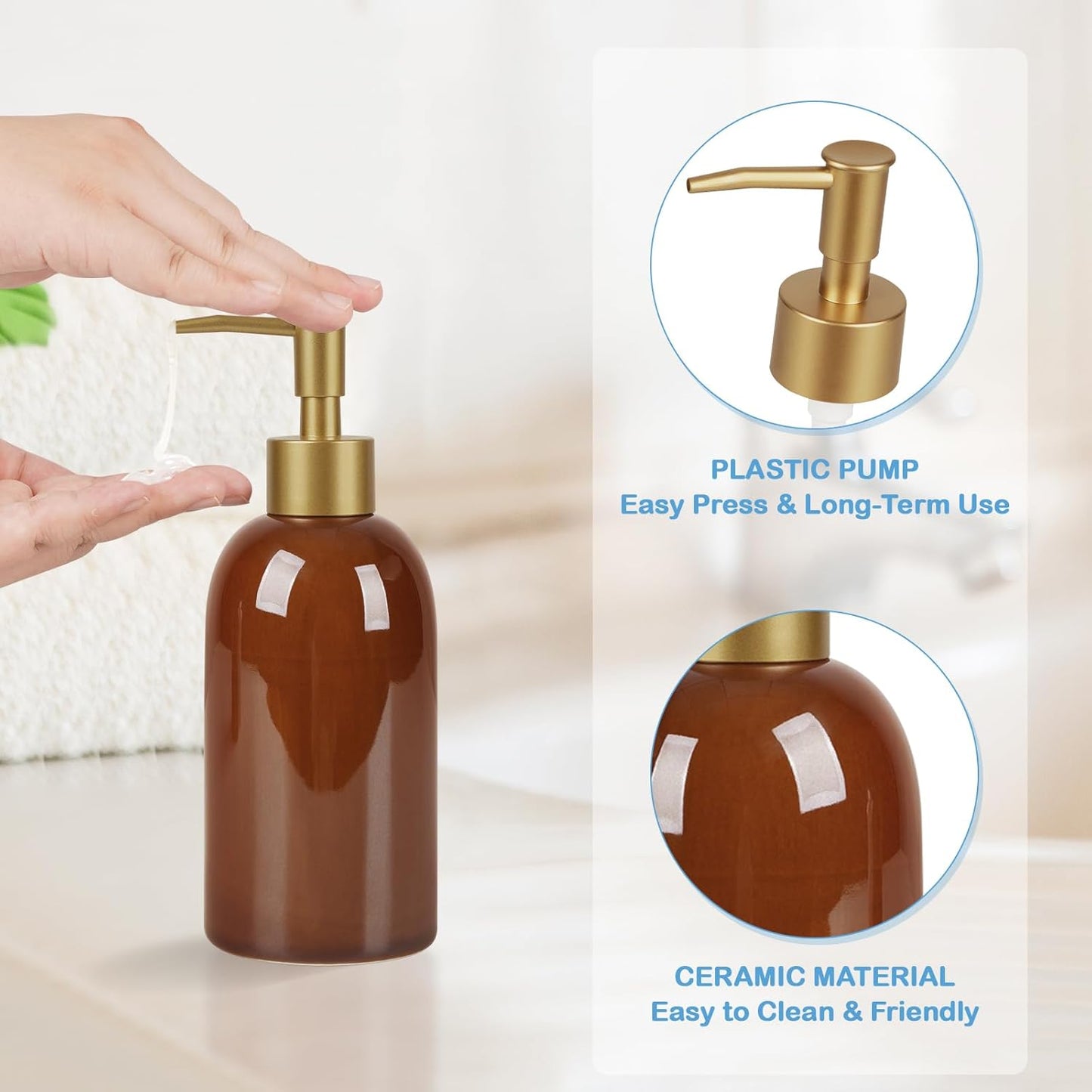 Natheeph 14OZ Ceramic Soap Dispenser Ceramic Soap Pump Dispenser Can Fill Liquid for Bathroom/Kitchen (Brown)