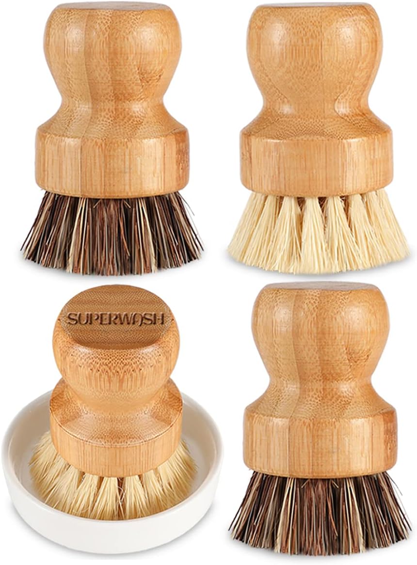 Bamboo Scrub Brush Clean Pan, Dish and Vegetable, Natural Bristles Palm Pot Brush 4 Pack Round Mini Dish Brush with Ceramic Holder for Kitchen Sink Cleaning