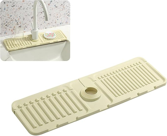 Faucet Mat for Kitchen Sink - 2024 Premium Upgrade: Enhanced Silicone Splash Guard with Rapid Drying & Dish Soap Sponge Holder, Perfect for Stone Sinks in Kitchen & Bathroom (Beige, 2 Pack)