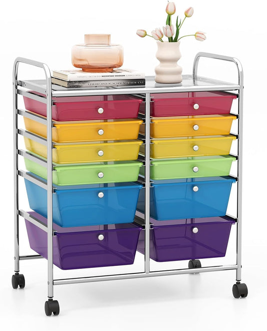 GOFLAME 12-Drawer Rolling Storage Cart, Multipurpose Organizer Cart with 2 Sizes Plastic Drawers, Mobile Utility Cart with Lockable Casters for School, Home Office, Beauty Salon, Rainbow