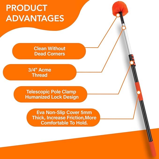 20FT Cobweb Duster with Extension Pole - High Reach Duster for High Ceilings & Outdoor Use - Telescoping Pole 3-12 Ft, Soft Bristles Cobweb Cleaner - 3/4" Acme Universal Thread