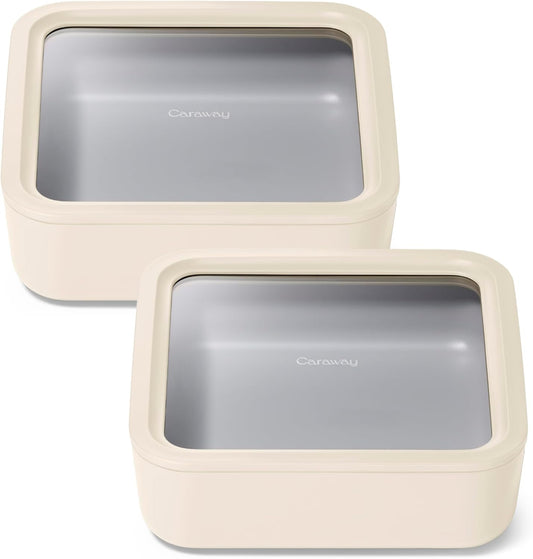 Caraway 2pc Glass Food Storage Set - 10 Cup Food Containers (2) - Ceramic Coated - Non Toxic, Non Stick Lunch Box with Lids. Dishwasher, Oven, & Microwave Safe - Cream
