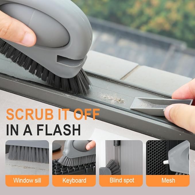 2 in 1 Groove Cleaning Brush with Air-Blowing, Window Track Cleaning Tools, Multifunction Window Track Cleaner with Hard Bristle Scraper, Crevice Brush for Sliding Door Track, Window Seal, Sill (1PC)