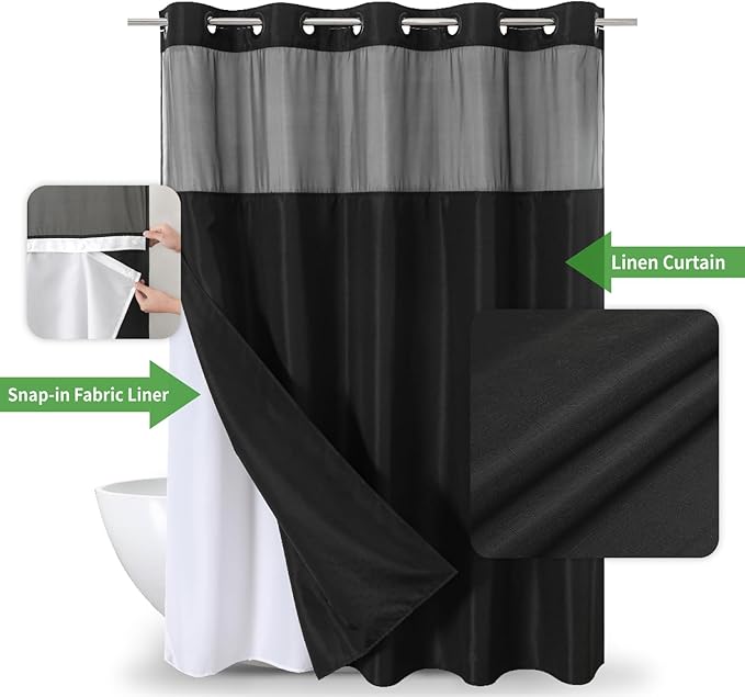 No Hooks Needed Linen Textured Shower Curtain with Snap-in Fabric Liner Set,Black Hotel Luxury Decor Shower Curtains for Bathroom,Waterproof & Washable,71Wx77H