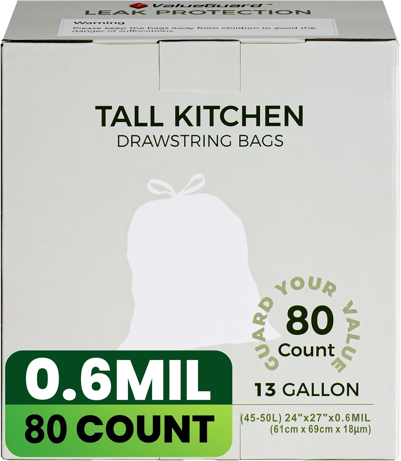 Large Trash Bag 13 Gallon Tall Drawstring 100% Post-Consumer Recycled Garbage Bag Waste Bag for Kitchen Office (80 Count, 0.6 Mil)