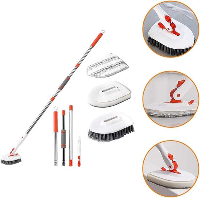 Shower Floor Scrubber Brush Set with 3-Section Handle, Stiff Bristle Tile Corner Brush, Fiber Cloth with Base Scrubbing Pad for Bathroom Tile and Grout Cleaning