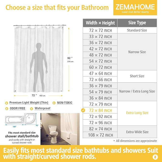 Extra Long Clear Plastic Shower Curtain Liner - Lightweight 72" x 84" Transparent Bathroom Shower Showroom Curtain Liner with Rustproof Metal Gromments and Weighted Magnet