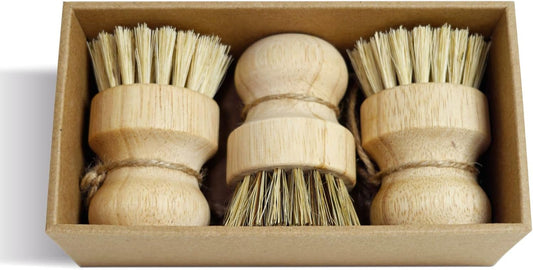 Bamboo Pot & Pan Cleaning Brush Set - 3 Pack Natural Dish Brushes Bamboo Scrub Dish Brushes, Durable Scrubber for Kitchen Pots, Pans, Vegetables & Fruit