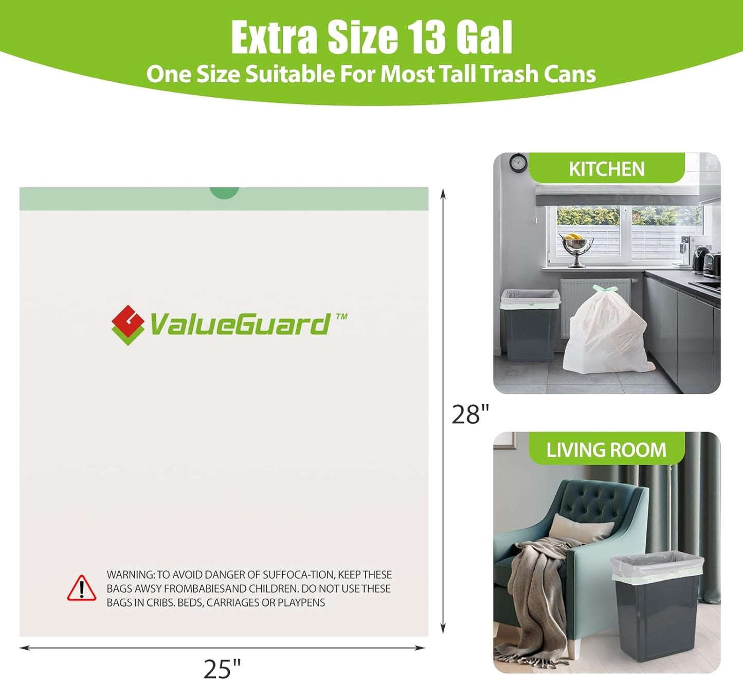 Large Trash Bags 13 Gallon Tall Kitchen Drawstring 100% Post-Consumer Recycled Garbage Bags Waste Bag for Office 0.6 Mil (110 Count)