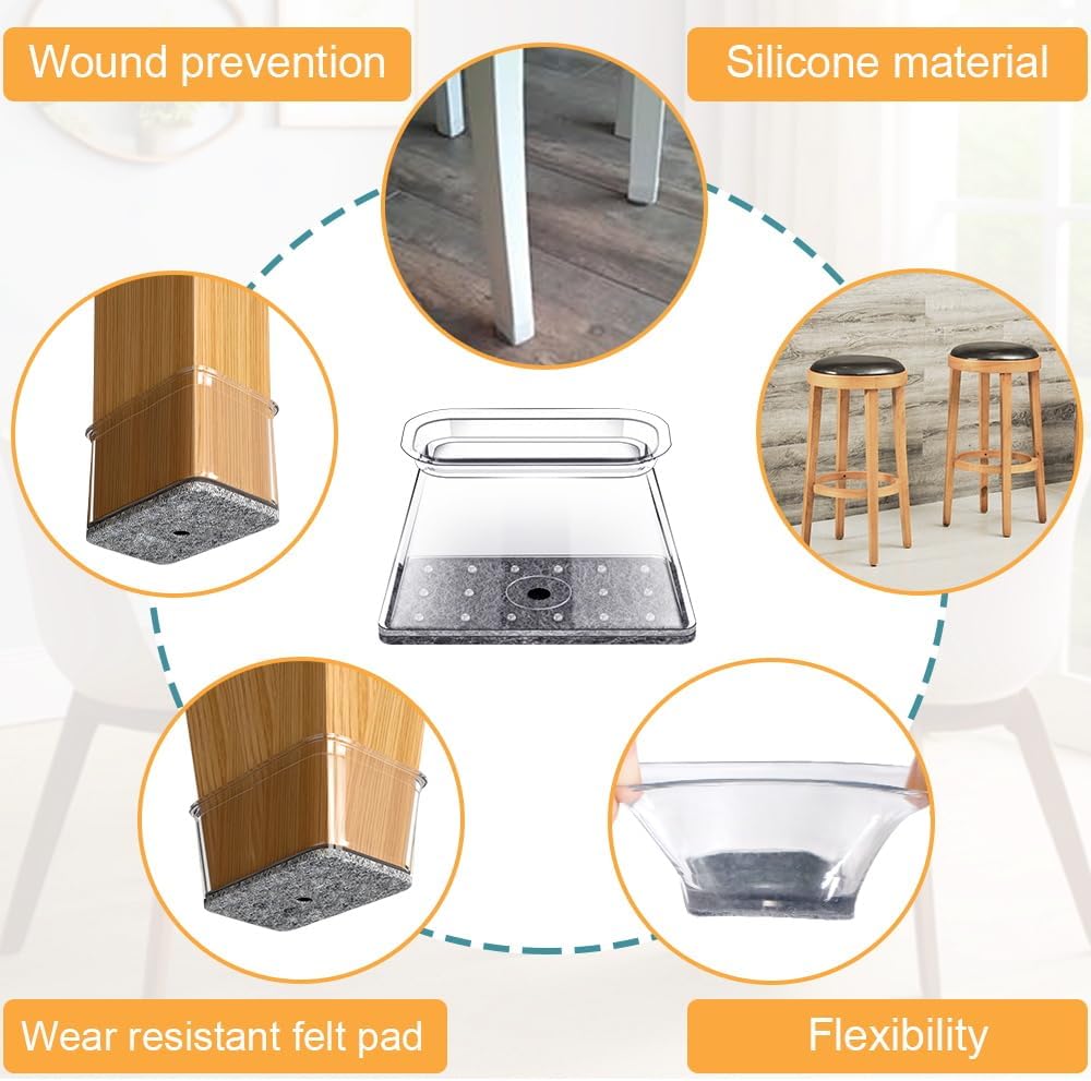 32 Pcs Rectangle Chair Leg Protectors for Hardwood Floors - Silicone Felt Furniture Pads, Scratch/Noise Reducing Covers, X-Large(Fit Perimeter 6" to 8")