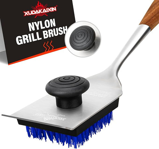 Grill Brush and Scraper, Dual Grip Design,Extra Strong BBQ Cleaner Accessories,Safe Nylon Bristles Barbecue Triple Scrubbers Cleaning Brush for Cast Iron Grates/Porcelain/Charcoal Grill