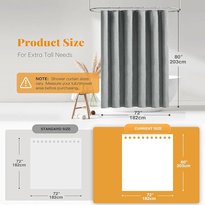 BTTN Long Fabric Shower Curtain - 72x80 Inch Linen Textured Heavy Duty Polyester Cloth Shower Curtain Set with 12 Plastic Hooks, Hotel Luxury Waterproof Modern Shower Curtains for Bathroom, Gray/Grey