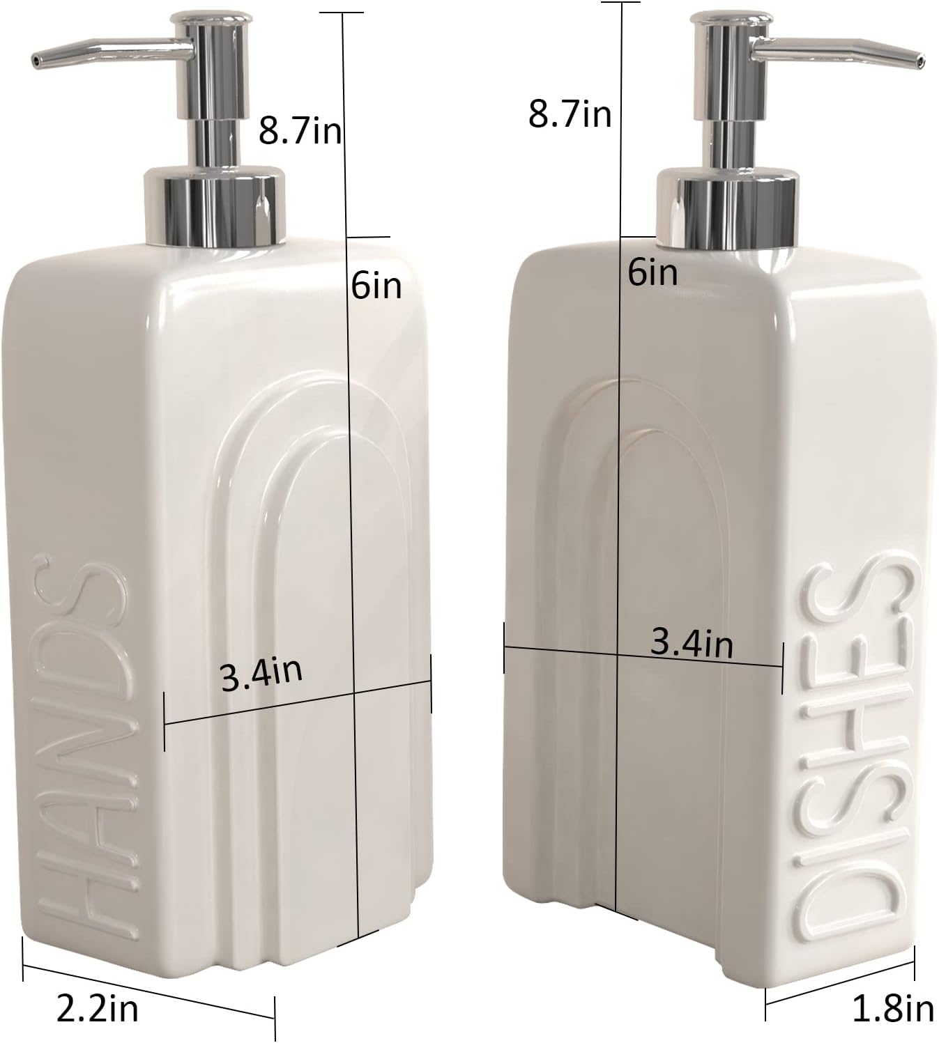 Soap Dispenser Set with Stainless Steel Pump, 2 Pack Ceramic Refillable Dish Soap and Hand Soap Dispenser for Kitchen, Bathroom, Matte White