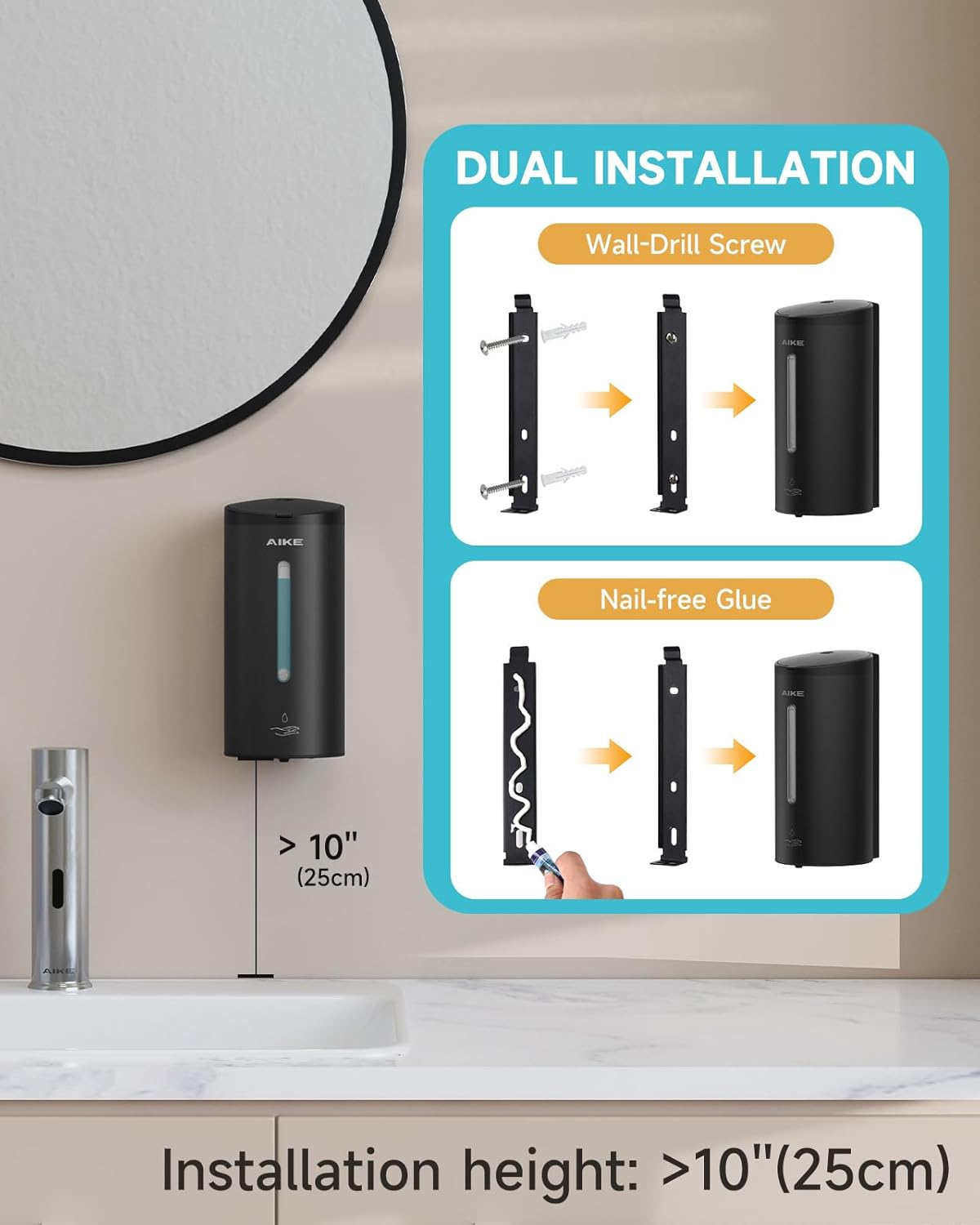 AIKE Automatic Wall Mount Liquid Soap Dispenser, Commercial Stainless Steel with 25oz Large Capacity Save Time Effort and Cost,Model AK1205(Matte Black)