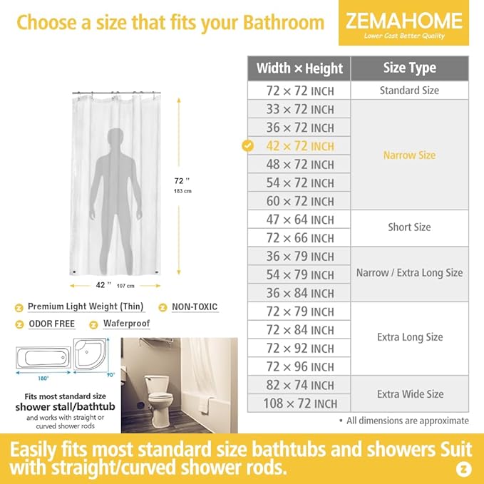 Narrow Size Clear Plastic Shower Curtain Liner, 42x72 Inch Thin Lightweight Transparent Plastic Bathroom Shower Showroom Inner Curtain with Rustproof Metal Grommet Holes and Weighted Magnets