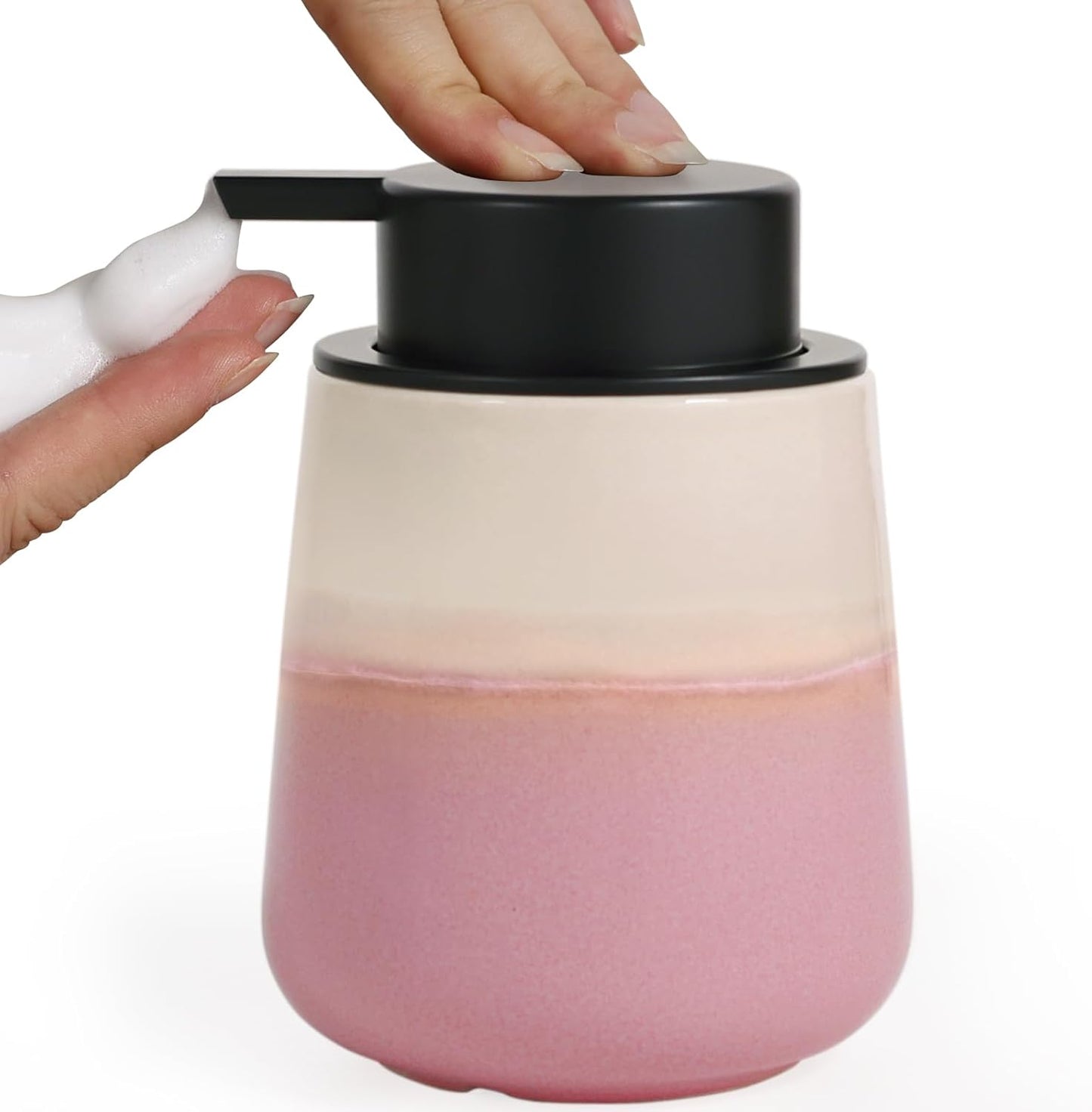 INGOFIN Ceramic Foaming Soap Dispenser - 12oz Foam Hand Soap Dispenser Bathroom, Refillable Modern Dish Dispenser with Pump for Kitchen, Beige and Pink