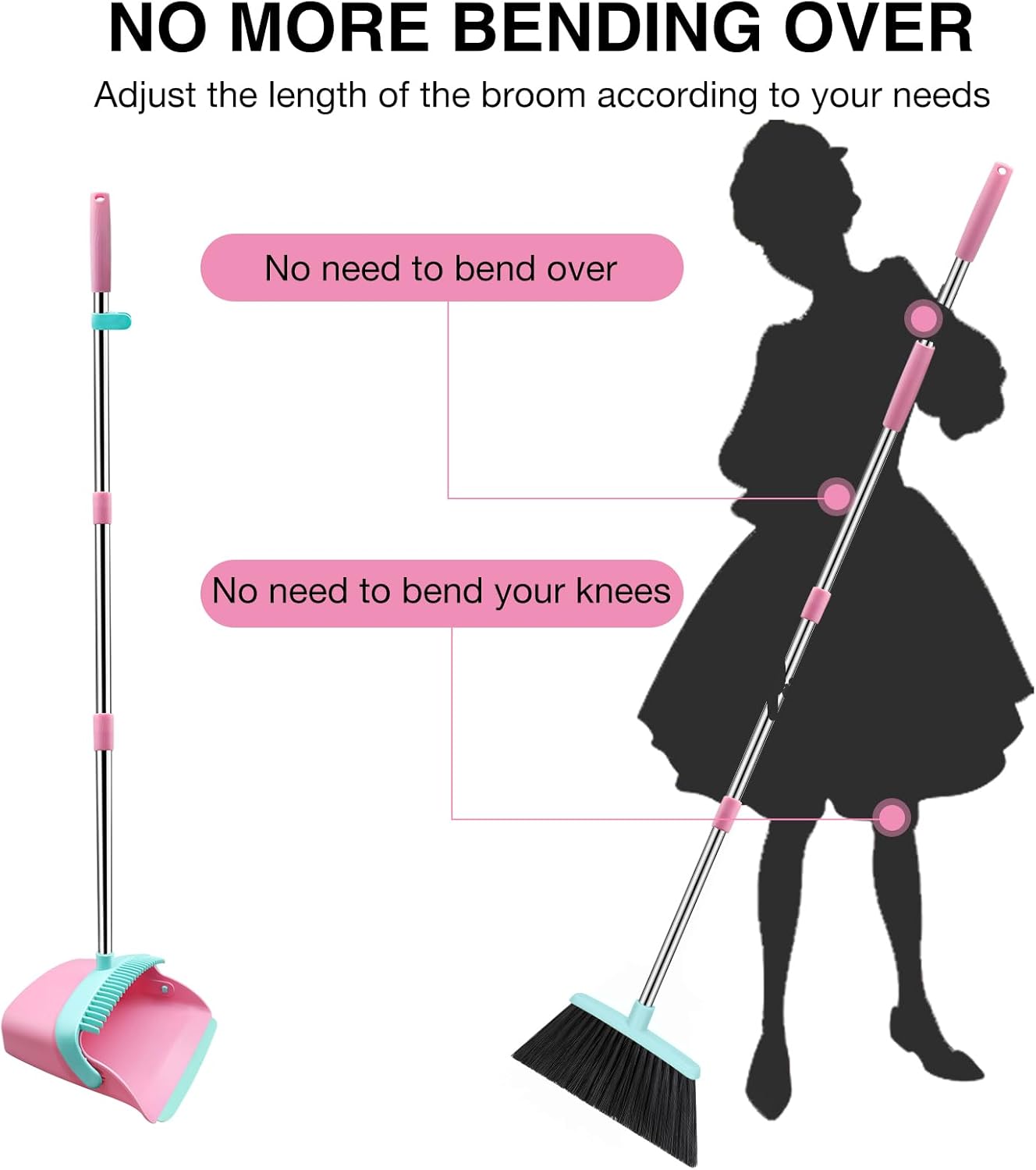 Broom and Dustpan Set, 52-in Long Adjustable Handle Broom Dustpan Combo with Dust pan Teeth to Automatically Clean Hair Suitable for Home Kitchen Office Hall Floor（Pink&Blue）
