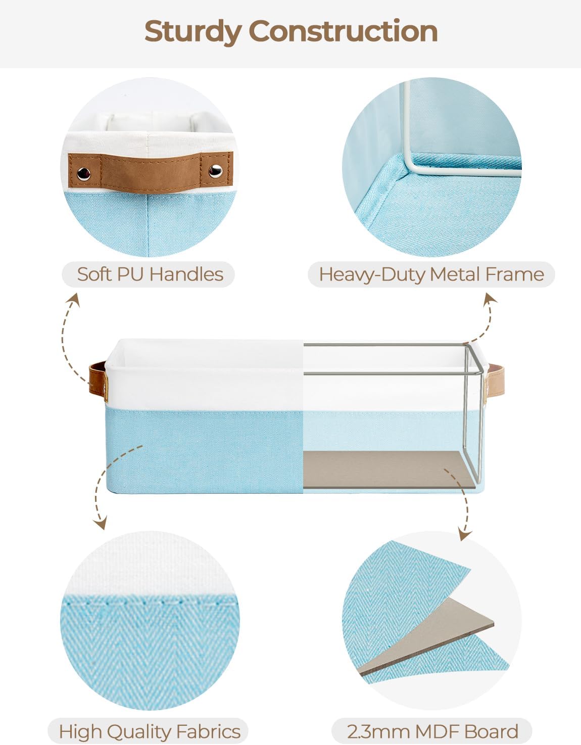 StorageWorks Narrow Storage Bins, Small Basket for Closet and Shelves, Fabric Organizer with Handles, Toilet Paper Storage, Light Blue and White, 2-Pack