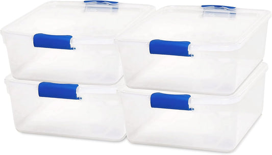 HOMZ 4-Pack Latching Lid, Small Clear Plastic Storage Bins w/ Lids, 15.5 Quart, Blue Latch - Stackable Container Boxes for Home, Bathroom, and Office Organization
