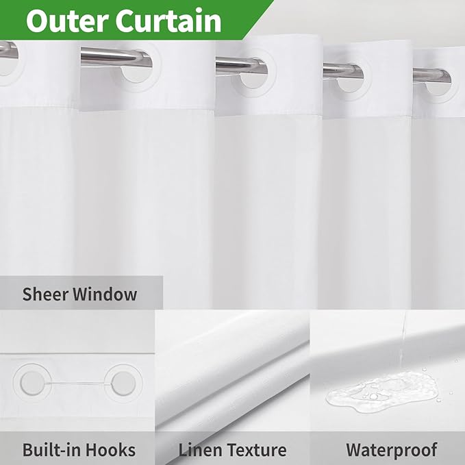 Extra Long No Hooks Needed Linen Textured Shower Curtain with Snap-in Fabric Liner Set,White Hotel Luxury Decor Shower Curtains for Bathroom,Waterproof & Washable,71Wx92H