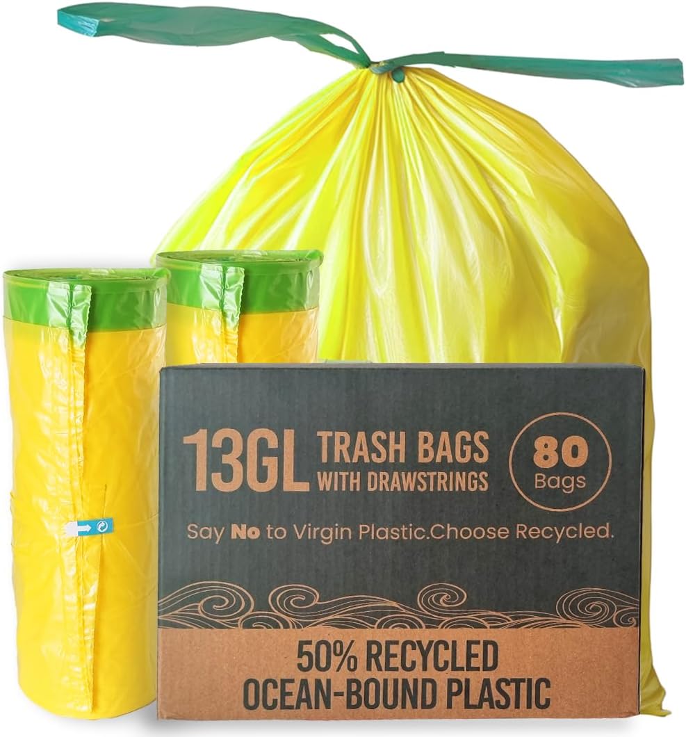 13 Gallon Trash Bags with Drawstrings, 80 Bags Made from 50% Recycled Plastic, Leakproof and Tear-Resistant, Tall Kitchen Garbage Bags for Home and Office
