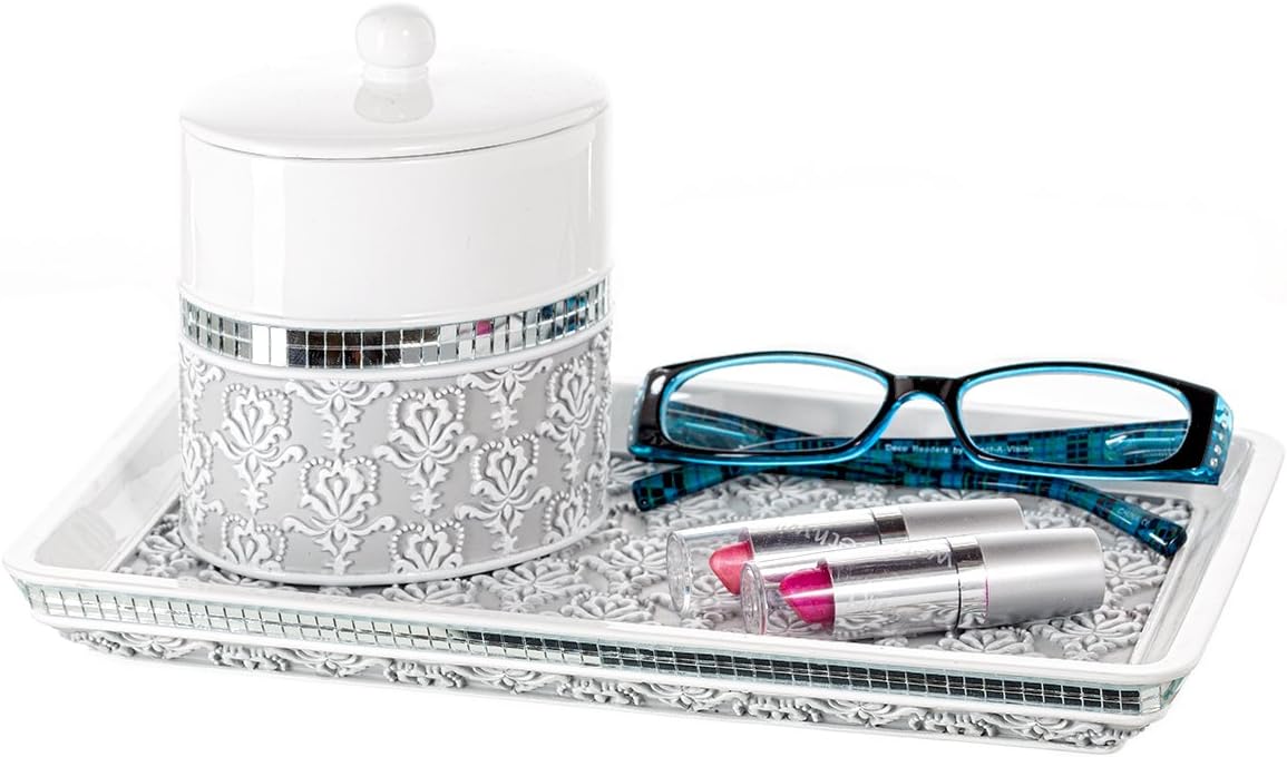 Creative Scents Mirror Damask Qtip Holder - Decorative Qtip Holder Canister Jar, Durable Cotton Swab Ball Holder/Container - Bathroom Vanity Accessories (Gray & White)